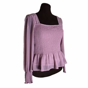 Nine West XL Dusty Rose Smocked Peplum Blouse Sheer Sleeve Top Romantic